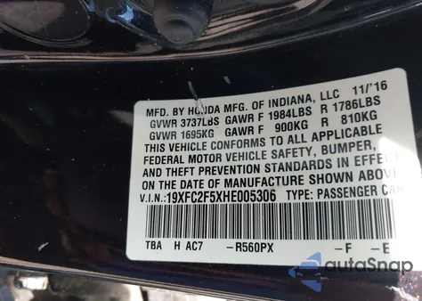 2017 Honda Civic Lx z USA, uszkodzony, nr VIN 19XFC2F5XHE005306